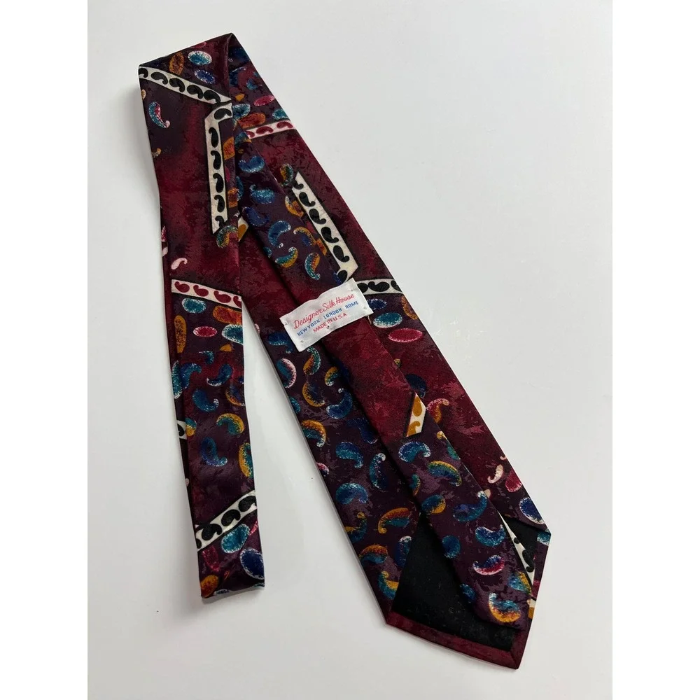Vintage Designer Silk House Tie OS Burgundy Paisley Abstract‎ Geometric Silk A22